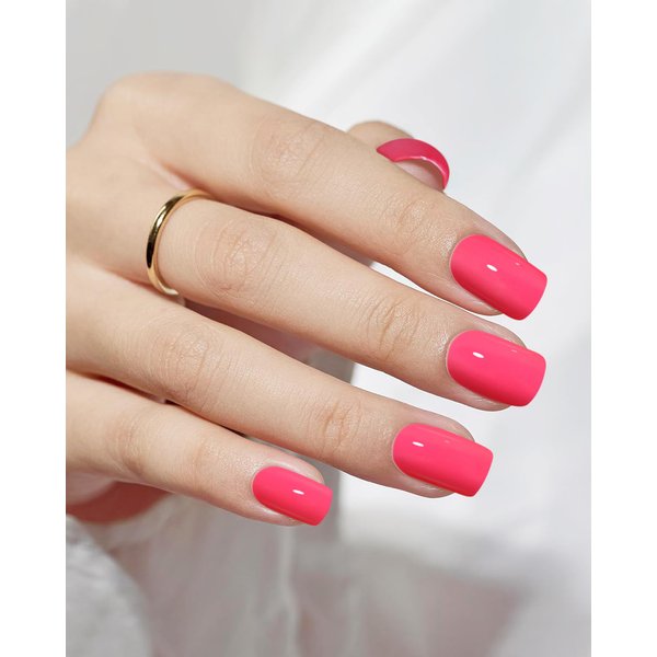 24 Pcs Short Square Press On Nails with Jelly Glue,Reusable Soft Gel Fake Nails Kit for Women and Girls with Feature Protective UV Coating DIY,Hot Pink Nails Press Ons