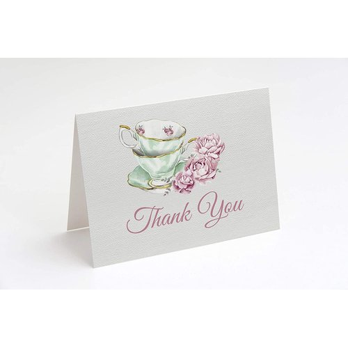 The Invite Lady Bridal Tea Party Thank You Cards Bridal Shower Folding Notes Thanks Wedding Party Pink Mint Blush Elegant Chic Vintage Tea Cups Victorian (50 count)