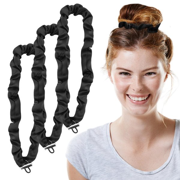Adjustable Hair Tie, Silk Satin Hair Scrunchies in Black, No Slip Ouchless Hairband Running Scrunchie, Long Cushioned Headband Ties for Women Cute Scrunchies(3PCS)