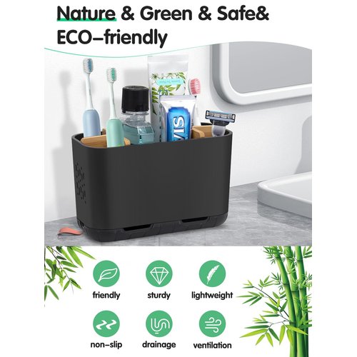 GFWARE Black Toothbrush Holder, Bamboo Toothbrush and Toothpaste Holder with Drainage, Electric Kids Matte Black Toothbrush Holders Set Organizer for Bathrooms Countertop Accessories Storage