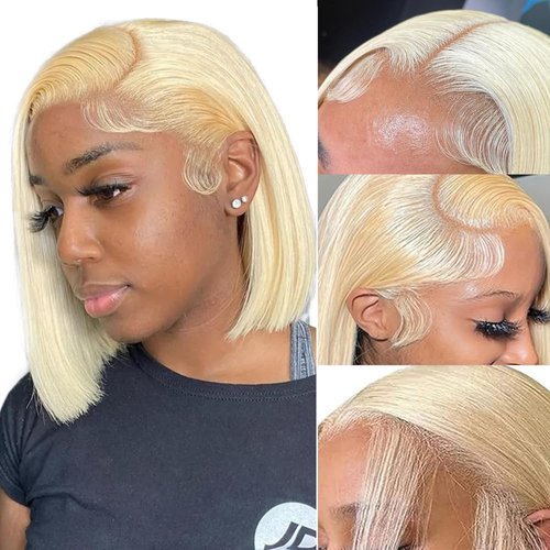 FJsuprise Blonde Bob Wigs Human Hair 613 Lace Front Bob Wigs Human Hair Pre Plucked 13x4 HD Transparent Lace Frontal Bob Wigs For Black Women Glueless Short Straight Bob Wig With Baby Hair 14 Inch