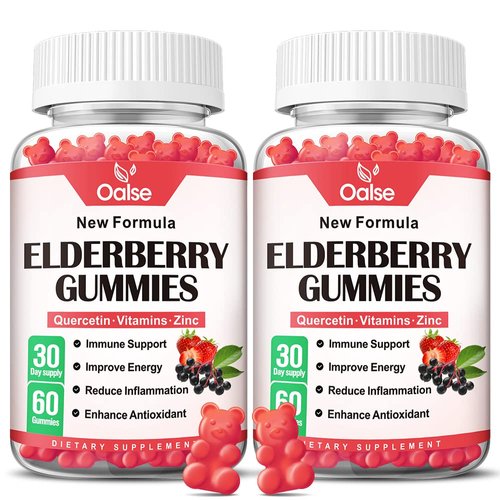 OALSE Organic Elderberry Gummies for Kids and Adults - Sambucus Black Elderberry Gummies + Zinc and Vitamin C & D3 Support Immune Defense Muscle Strength Dental Health [60 Count (Pack of 2)]