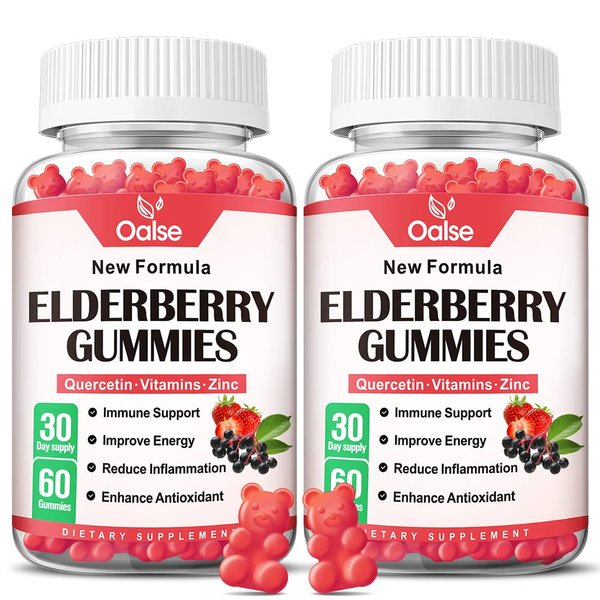 OALSE Organic Elderberry Gummies for Kids and Adults - Sambucus Black Elderberry Gummies + Zinc and Vitamin C & D3 Support Immune Defense Muscle Strength Dental Health [60 Count (Pack of 2)]