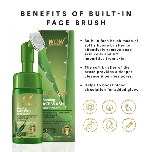 WOW Skin Science Aloe Vera Exfoliating Face Wash w/Soft Brush, Foaming Facial Cleanser For All Skin Types, Acne Face Wash for Women, Facial Skin Care Products, Men's Face Wash Facial Scrub (100ml)