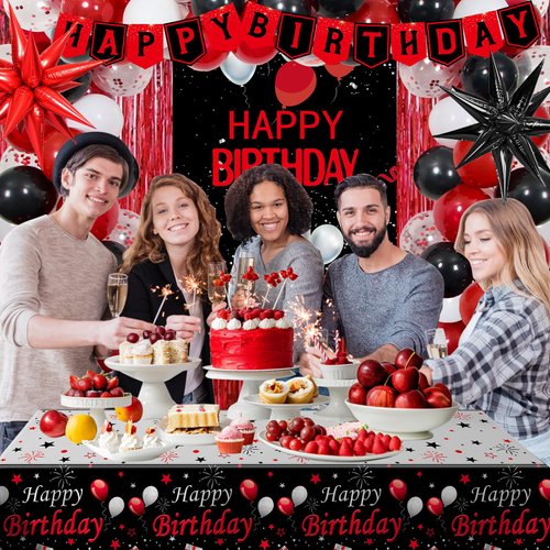 Red Birthday Decorations for Men Women, 80 PCS Red and Black Party Decorations for Boys Girls Happy Birthday Decorations Door Banner, Tablecloth Foil Backdrop Star Balloons for Men Bday Party Supplies