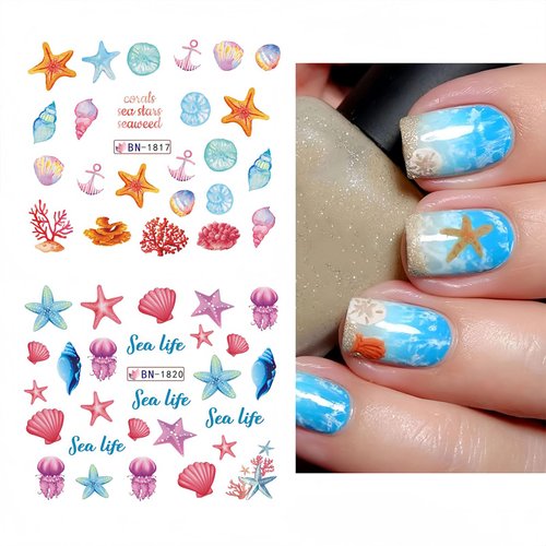 Ocean Nail Art Stickers Decals Summer Sea Nail Art Supplies Water Transfer Shell Crab Starfish Turtle Whale Seaweed Design Cute Cartoon Nail Accessories DIY for Women Girls 12 Sheets