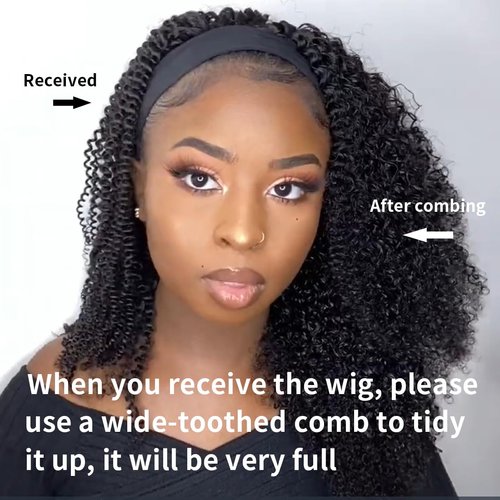 XSY Headband Wig Human Hair Kinky Curly Headband Wigs for Black Women 20 Inch Curly Human Hair Wigs Glueless None Lace Front Wig Brazilian Virgin Human Hair 150% Density Natural Black Color