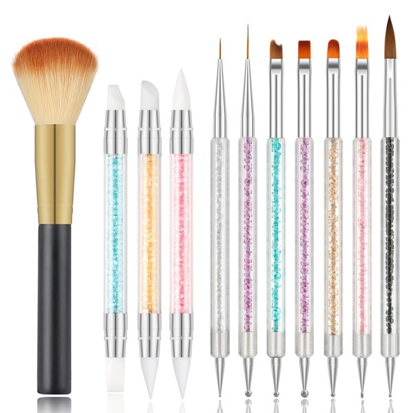 MAGIC ARMOR 10pcs Nail Art Brushes-Double Ended Nail Art Liner Brush and Dotting Tools set, Nail Art Tools Shiny Handles-Easy To Use Nail Art Point Drill Drawing Tools for Beginner DIY Nail Art Design