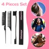 WOWANGEL 4PCS Hair Styling Brush Set, Teasing Hair Brush, Rat Tail Comb, Dual Edge Brush, Elastic Band for Edge and Back Brushing, Combing, and Slicking Black