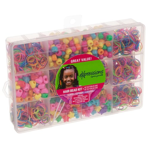 Expressions Hair Bead Kit In Rectangular Container - Great Value Hair Beading Accessories Pack Including Natural Hair Threading Tool, 250 Colorful Beads, and 550 Latex-Free Hair Elastics