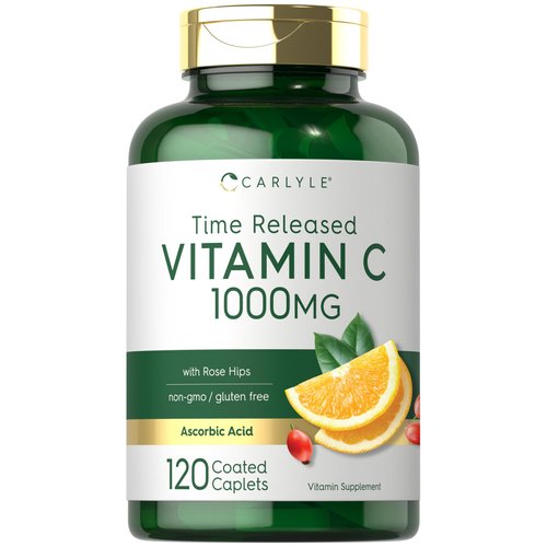 Carlyle Vitamin C 1000mg | Timed Release | 120 Vegetarian Caplets | with Rose HIPS | Non-GMO & Gluten Free Supplement