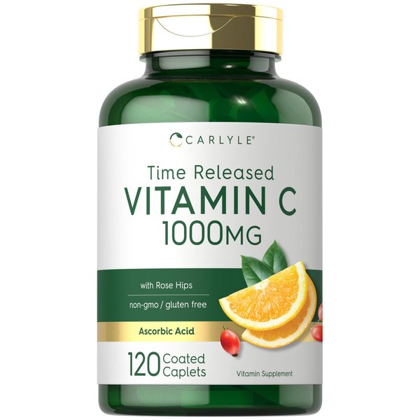 Carlyle Vitamin C 1000mg | Timed Release | 120 Vegetarian Caplets | with Rose HIPS | Non-GMO & Gluten Free Supplement