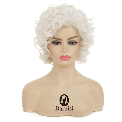 Baruisi Short Curly Cream White Wigs for Women Synthetic Natural Curly Layered Halloween Cosplay Wig
