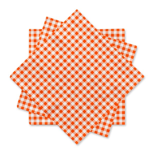 Gatherfun Disposable Paper Napkins 3-ply Orange and White Gingham Beverage Napkins for Dinner, Picnic, Birthday Party（6.5X6.5 in, 50-Pack)