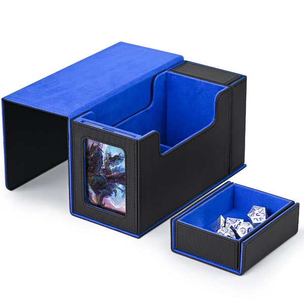 ZLCA Card Deck Box with Display Window,MTG Commander Deck Box Fits 200 Double-Sleeved Cards with Dice Tray & 35pt Magnetic Card Holder-Black&Blue