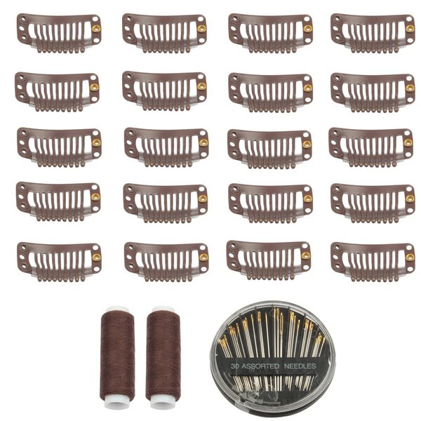 30pcs 9 Teeth Stainless Steel Snap Comb Wig Clips, Hair Extension Clips, Wig Accessories Clip with 30 Assorted Sewing Needles and 2 Rolls Thread (Dark Brown)