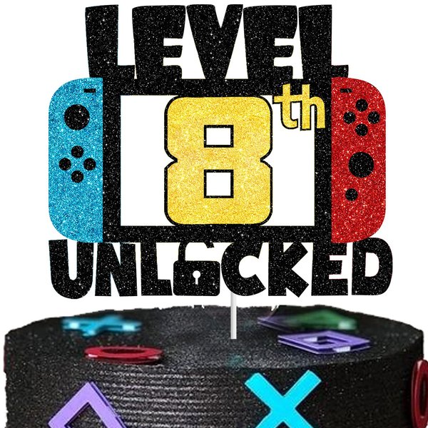 8 LEVEL UNLOCKED Birthday Cake Topper - 8th Happy Birthday Gamepad Cake Topper - Video Game Kids Boy Girl Bday Party Decorations Supplies - Handmade black gold red blue Glitter