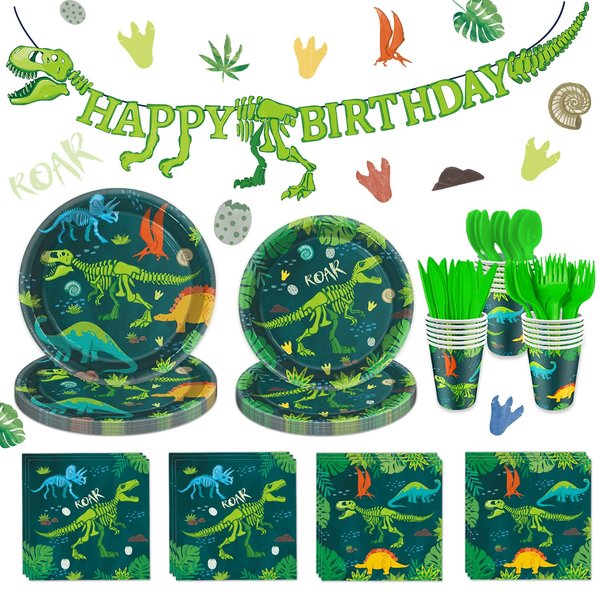 Dinosaur Party Supplies Dinosaur Theme Birthday Party Decoration Banner Includes Plates Cups Napkins Cutlery Sets, Serves 24 Guests