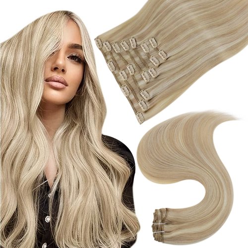 Easyouth Clip in Hair Extensions Blonde Highlight Remy Human Hair Extensions Clip ins Ash Blonde with Blonde Clip in Human Hair Extensions Full Head 7Pcs 120G 20 inch