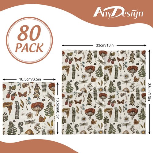 AnyDesign 80Pcs Vintage Mushroom Paper Napkins Disposable Mushroom Plants Luncheon Napkins Retro Style Dessert Dinner Hand Napkin for Autumn Birthday Wedding Party Supplies, 6.5 x 6.5 Inch
