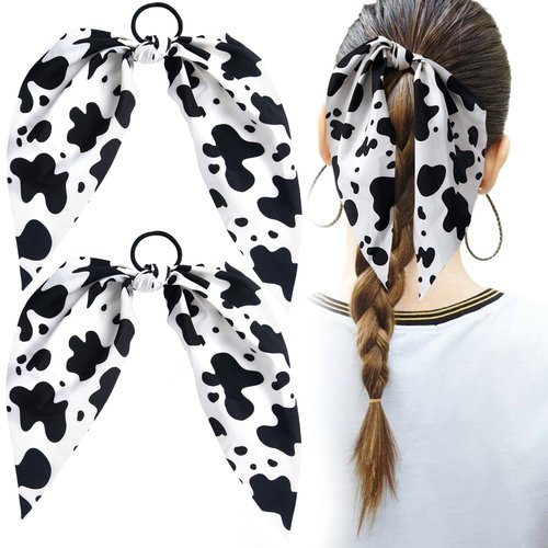 Mxxipp 2pcs Cow Print Hair Band for Women Girls, Non-Slip Bowknot Elastic Hair Tie Ropes, Rabbit Bunny Ear Bow Ponytail Holder Hair Scrunchies Accessories for Curly Straight Thin Thick Fine Hair