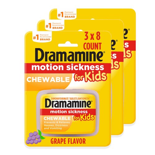 Dramamine Kids Chewable, Motion Sickness Relief, Grape Flavor, 8 Count, 3 Pack
