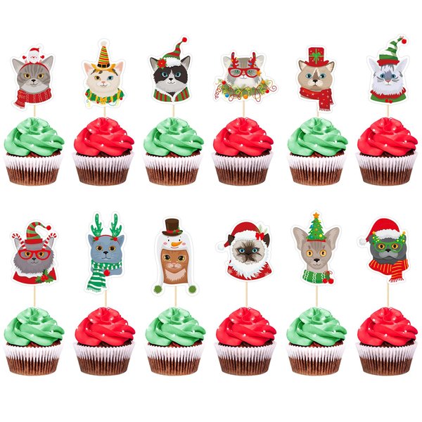 Cat Themed Christmas Cupcake Toppers, Santa Cat Cupcake Toppers, Kitten Christmas Birthday Cake Picks, Christmas Baby Shower Decor, Merry Christmas Party Supplies, Cat Christmas Decorations, 24 Pcs