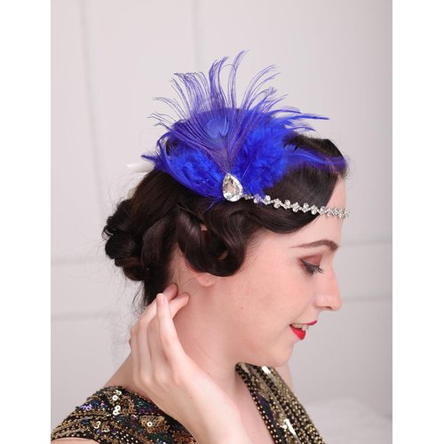 Teyglen 1920s Feather Headpiece Flapper Feather Headband Royal Blue Feather Hair Clip Crystal Hair Band Roaring 20 Hair Accessories Flapper Headpiece for Women Girls (Headband)