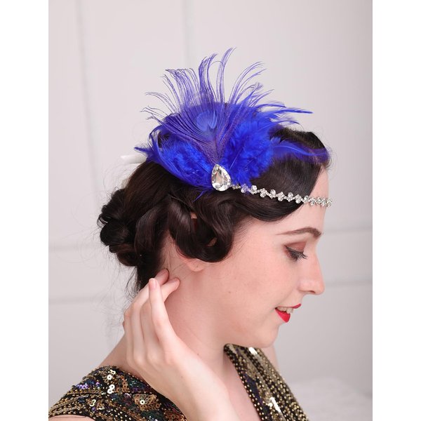 Teyglen 1920s Feather Headpiece Flapper Feather Headband Royal Blue Feather Hair Clip Crystal Hair Band Roaring 20 Hair Accessories Flapper Headpiece for Women Girls (Headband)