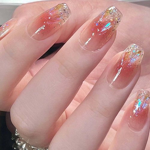 Hkanlre Bling Coffin Press on Nails Fake Nails Tips Full Cover Medium False Gradient Nails for Women and Girls 24PCS (Red Coffin Bling)