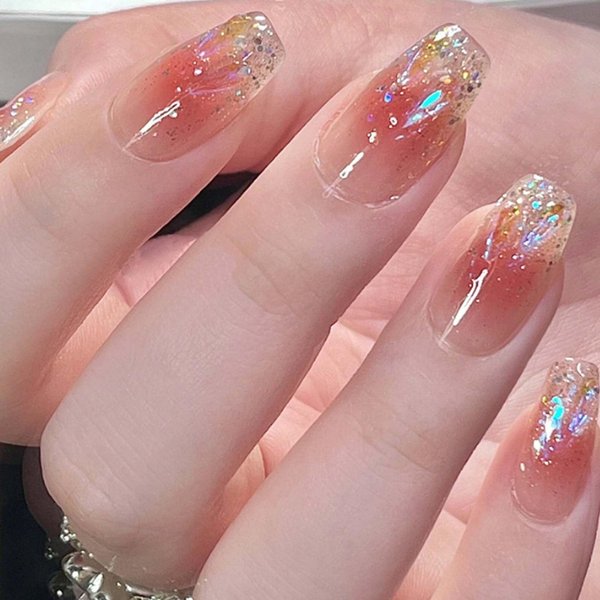 Hkanlre Bling Coffin Press on Nails Fake Nails Tips Full Cover Medium False Gradient Nails for Women and Girls 24PCS (Red Coffin Bling)
