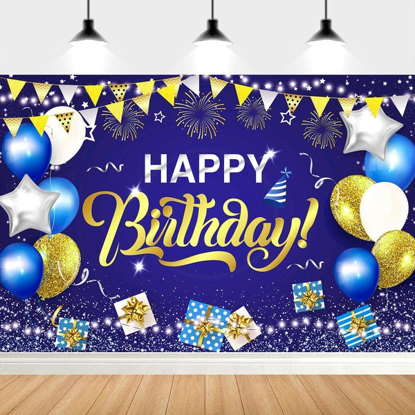 YinQin 180x120 cm Royal Navy Blue Gold Happy Birthday Backdrops Cloth 71x47 inch Birthday Photography Background Glitter Navy Blue Gold Happy Birthday Sign Birthday Party Banner Decoration for Men Boy