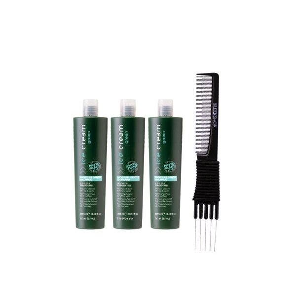 kuss Inebrya Ice Cream Green Moisture Gentle Shampoo (10.14 oz) with Teasing Comb Pack of 3