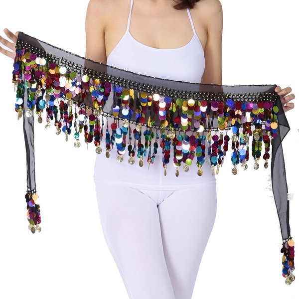 ZLTdream Belly Dance Color Sequin Film Gong Hip Scarf Skirt With Gold Coins For Women Belly Dancer Costume Chiffon Black