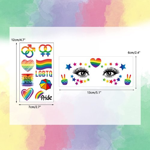 20 Sheets Pride Day Rainbow Temporary Tattoo Sticker LGBT Gay Pride Fake Tattoos Face Eye Sticker Waterproof Removable Heart Love Stripes for Body Art Parades Celebrations Festival Party Supplies