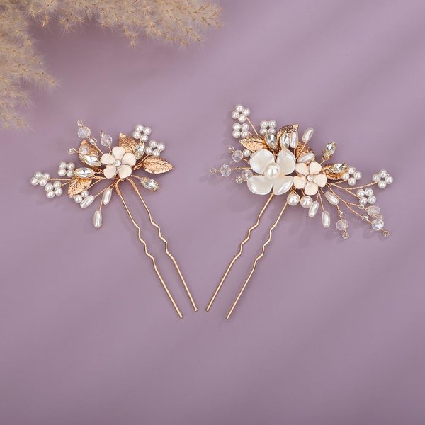 Teyglen Bridal Wedding Flower Hair Pins Crystal Pearl Hair Pins Clips Set Bridal Hair Accessories Gold Silver Leaf Hair Piece for Bride Women Girls (Gold)