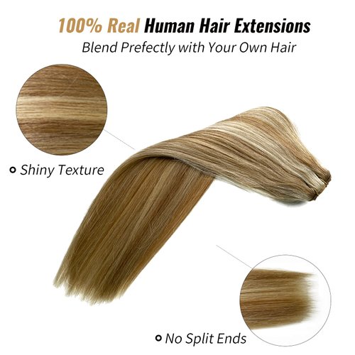 Remy Human Hair Extensions Clip ins 16inch 4PCS Double Weft Lace Remy Human Hair Ash Brown to Platinum Blonde Highlights Real Human Hair Extensions 16 inch Clip on Human Hair 100G for Women