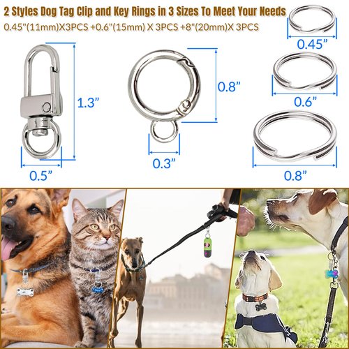 Dog Tag Clips for Collar,with 15Pcs Replaceable Dog ID Name Tag Ring Clip Dog Tag Attachment Clip Pet tag Quick Clip Clips Rings for Pet Collar Key Ring Clips Accessories 6 Sets (6 Sets)
