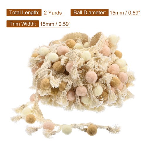 uxcell 2 Yards Pom Pom Ball Fringe Trim, Ribbon Sewing DIY Crafts Accessory for Home Curtain Clothes Pillow Decoration, Beige