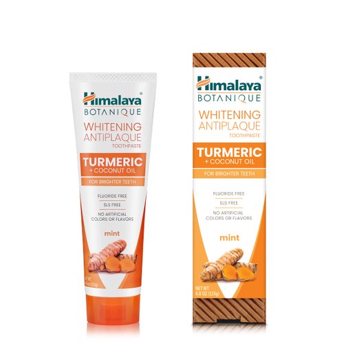 Himalaya Botanique Turmeric & Coconut Oil Whitening Antiplaque Herbal Toothpaste, Whitens Teeth, Fluoride Free, No Artificial Flavors, SLS Free, Vegan, Cruelty Free, Foaming, Mint Flavor, 4 Oz, 2 Pack