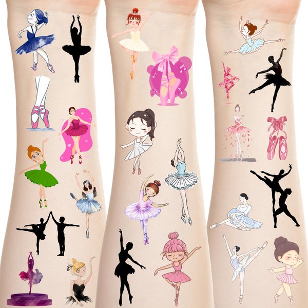 BignzwUra 300+PCS Ballet Dance Tattoos Temporary Stickers-Dacing/Dance Movements Ballerina Baby Shower First 21st Birthday Party Decorations Supplies Tattoos Temporary(24 Sheets)