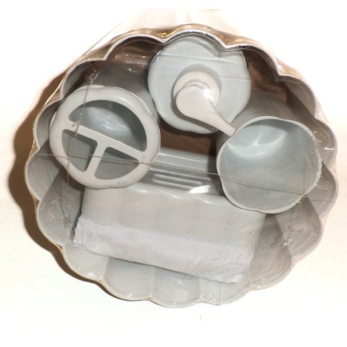 White 6 Piece Plastic Bathroom Set. Cup, Trash Container, Soap Dish, Soap/lotion Pump, Toothbrush Holder & Magnatized Shower Curtain Liner