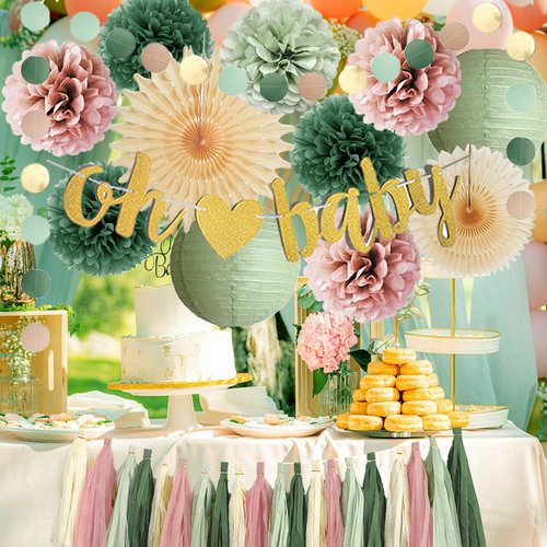 Dusty Pink and Sage Green Baby Shower Decorations Boho Oh Baby Shower Decorations for Girl Dusty Rose and Sage Green Paper Lanterns Pom Poms Beige Fans with Olive Cream Tassel Garland