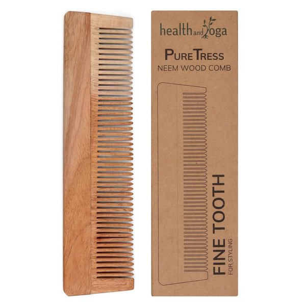 HealthAndYoga™ PureTress Handcrafted Neem Wood Comb - Non-Static and Eco-Friendly Fine Tooth Comb for Men and Women - Soothing Scalp and Hair Health - 7 Inches