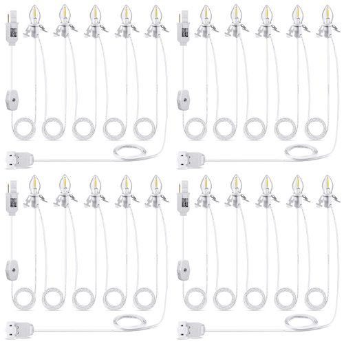 Meonum 4 Pack Christmas Village Light, Light Cord with 5 LED Light Bulb, 12 Ft Accessory Cord with C7 Lamp, Rotary On/Off, Female/Male Plugs, Spare Fuses, C7 Light Cord for Village House Craft Decor