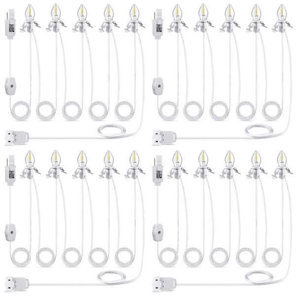 Meonum 4 Pack Christmas Village Light, Light Cord with 5 LED Light Bulb, 12 Ft Accessory Cord with C7 Lamp, Rotary On/Off, Female/Male Plugs, Spare Fuses, C7 Light Cord for Village House Craft Decor