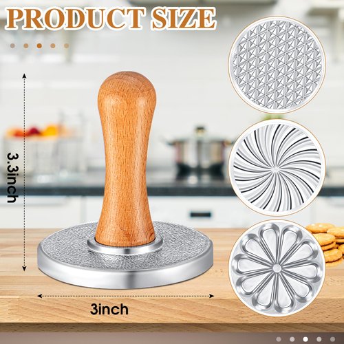 Wenqik 3 Pcs Cookie Stamps Round Metal Cookie Press Cutter Mold with Wooden Handle Cookie Embossing Stamp Mold Cookie Stamper Decorating Supplies for DIY Baking Cakes Pastries Easy to Use Gift Package