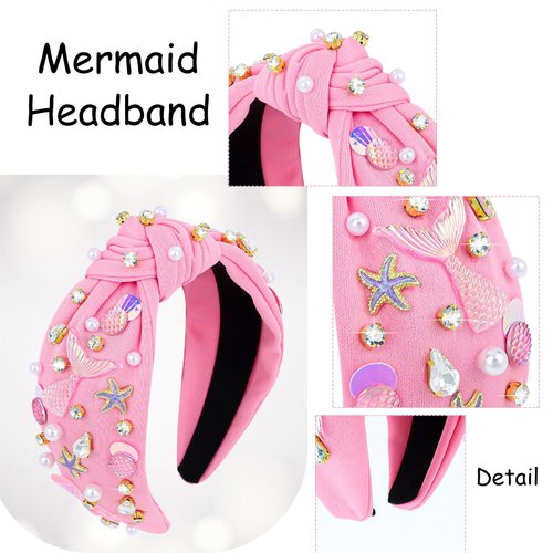 Jaciya Pearl Headband for Girls Rhinestone Headband for Women Wide Knotted Pink Headband for Women Starfish Head Band Mermaid Birthday Party Decorations