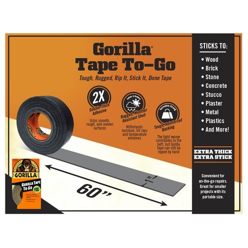 Gorilla Tape, Mini Duct Tape to-Go, 1" x 10 yd Travel Size, Black, (Pack of 6)