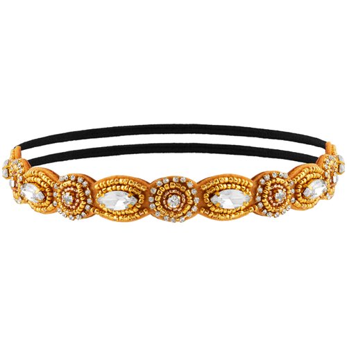 MINACHI Bohemian Beaded Hair Band, Sewn Rice Beads, Elastic Cotton Rope, Gold Tone, Women's Hair Accessory